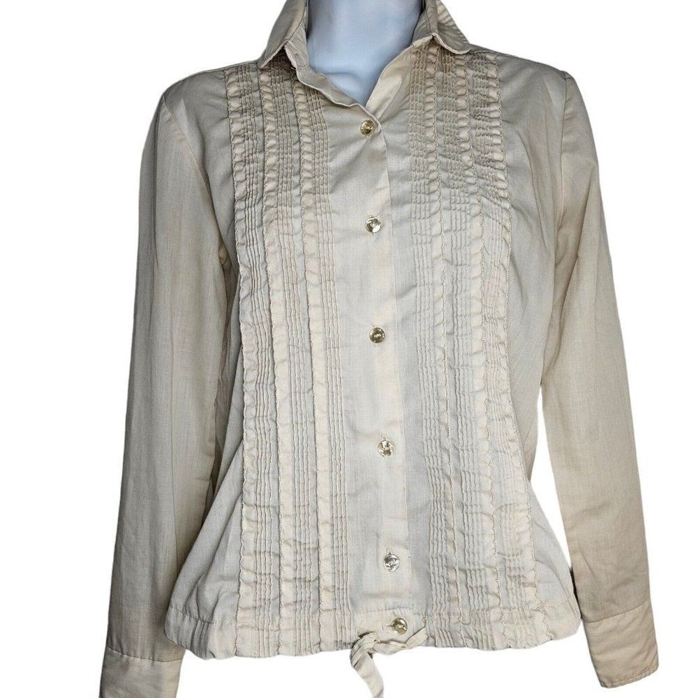 Vintage 70s Langtry Button Up Blouse Womens Size M Ivory Ruffle Front Pleated